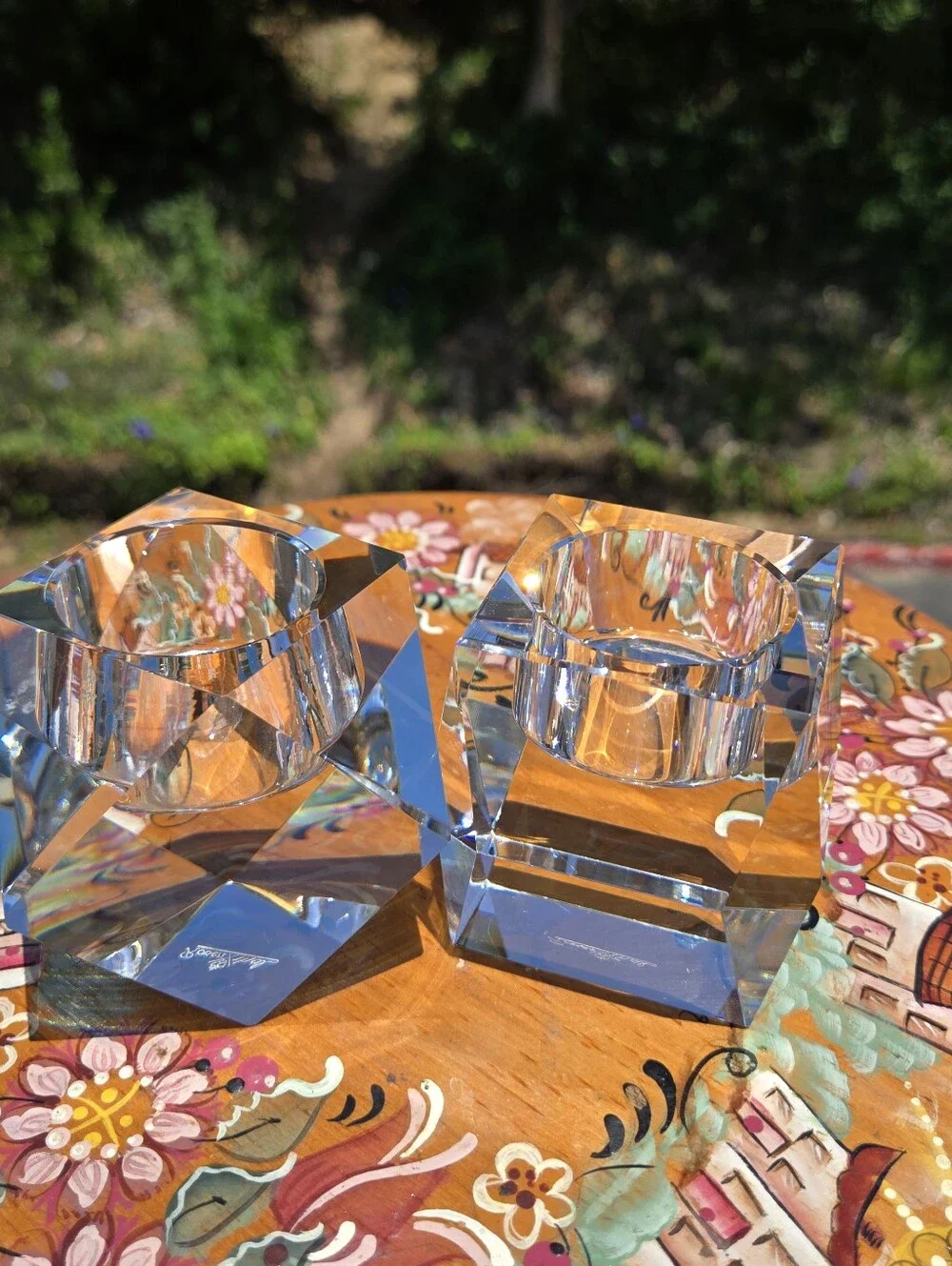 Rosenthal‎ Crystal Candle Holder Pair Regency Geometric Faceted Votive Tea Light